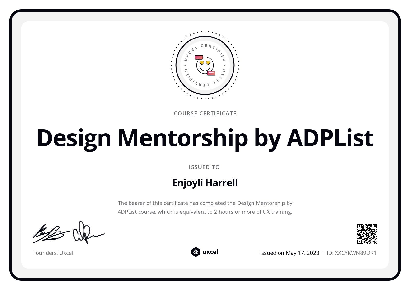 Enjoyli Harrell's certificate